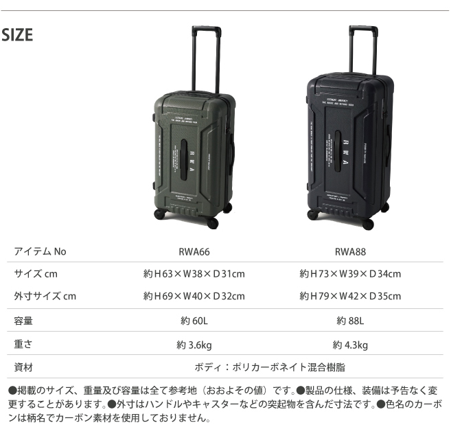 RWA/アールダブルエー スーツケース RWA66 60L アウトドア キャンプ ( かわいい 旅行 おしゃれ バッグ キャリー キャリーケース  キャリーバッグ 軽量 出張用 tsaロック キャリーバック ビジネス 旅行バッグ ダブルキャスター ブランド 海外 旅行用 ) 旅行用品 コンサイス  ...